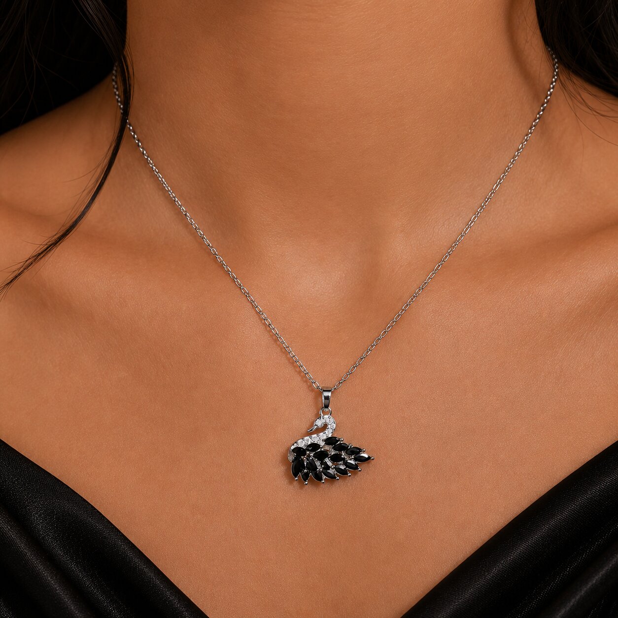 Swan Necklace - Black Silver